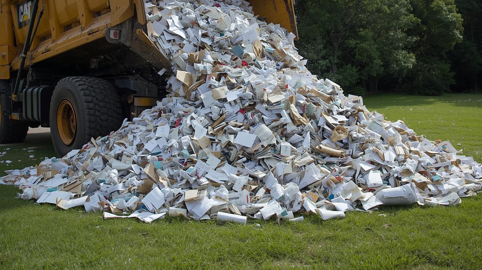 Yellow dump truck spilling shredded paper onto a green grassy lawn.