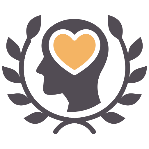 Silhouette head with heart, laurel wreath; compassion, empathy.