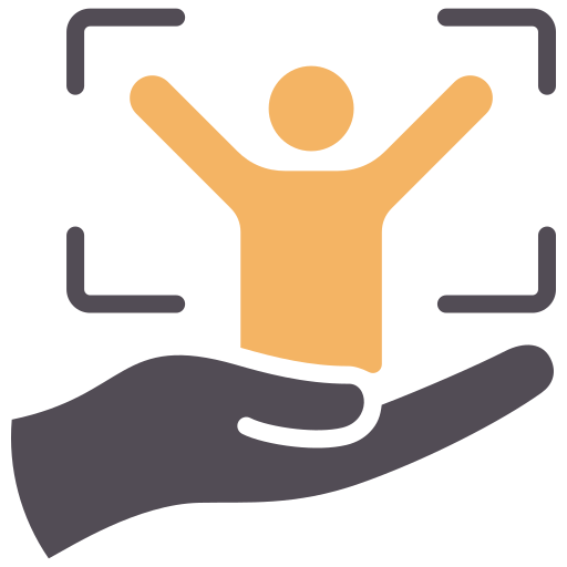 Hand cradling a person with arms raised, within a focus frame; yellow and gray colors.