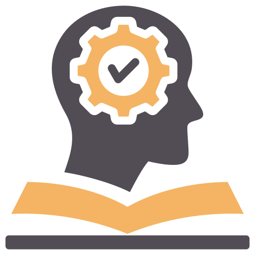 Head with gear and checkmark, on top of open book.