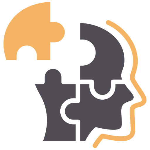 Head silhouette made of puzzle pieces, with an orange piece fitting in.