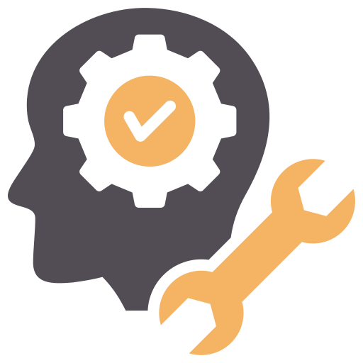 Silhouette of a head with a gear and checkmark inside, plus a wrench; gray, white, and orange.