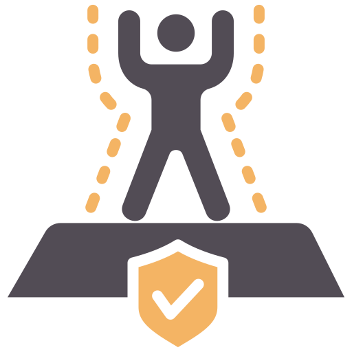 Person with raised arms standing on a platform with a shield. Dotted lines surround the person; the shield has a checkmark.