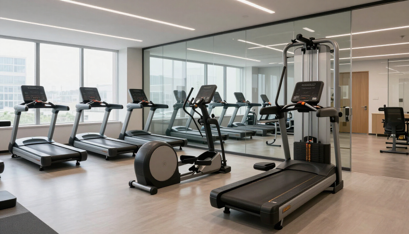 Modern gym with treadmills, ellipticals, and strength machines in a bright glass-walled room