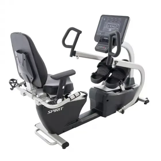 Recumbent exercise bike, black and silver, with digital console and foot straps.