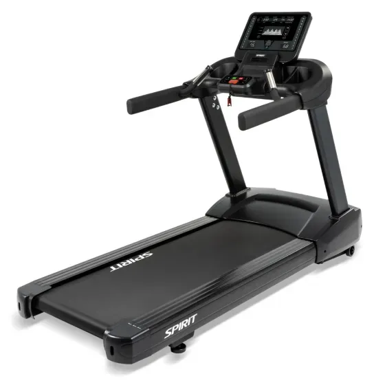 Black Spirit treadmill with a digital display and handlebars, on a white background.