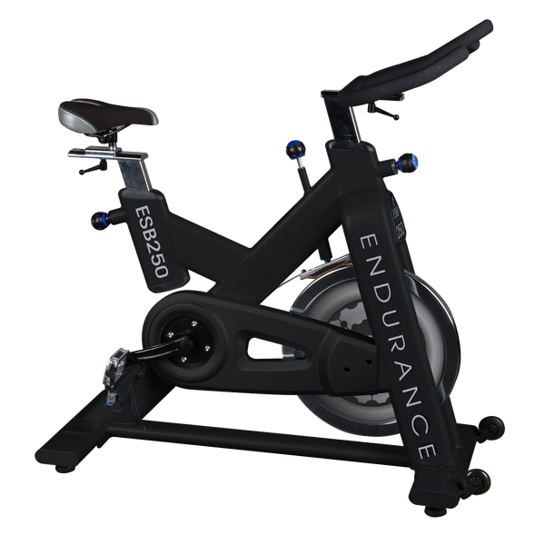 Black Endurance ES8250 spin bike, featuring seat, handlebars, and flywheel, on a neutral background.