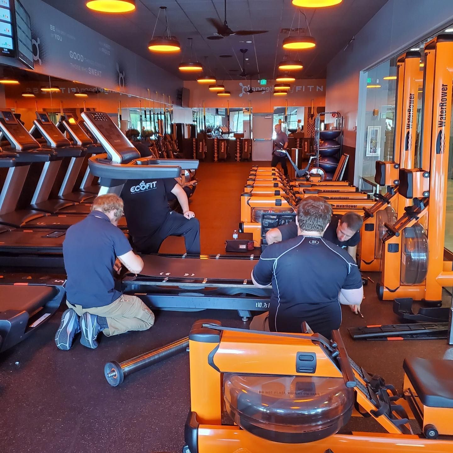 People working on rowing machines in an orange-themed gym.
