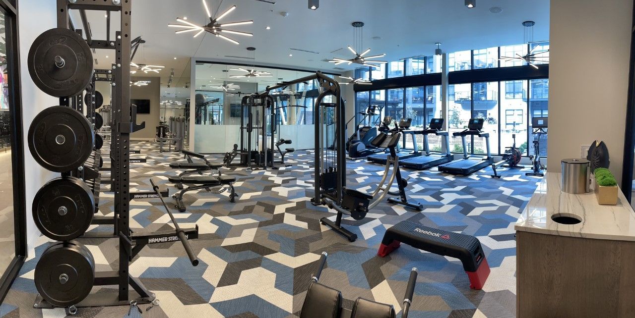 Gym interior with weight rack, machines, and patterned floor. Large windows with city views.