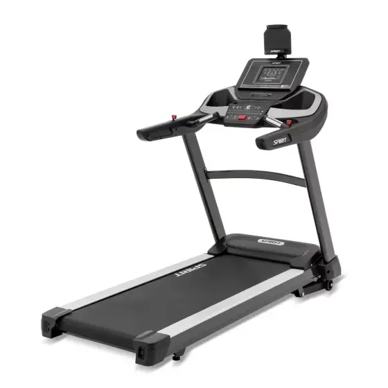 Black and gray treadmill with a large digital display, for indoor exercise.