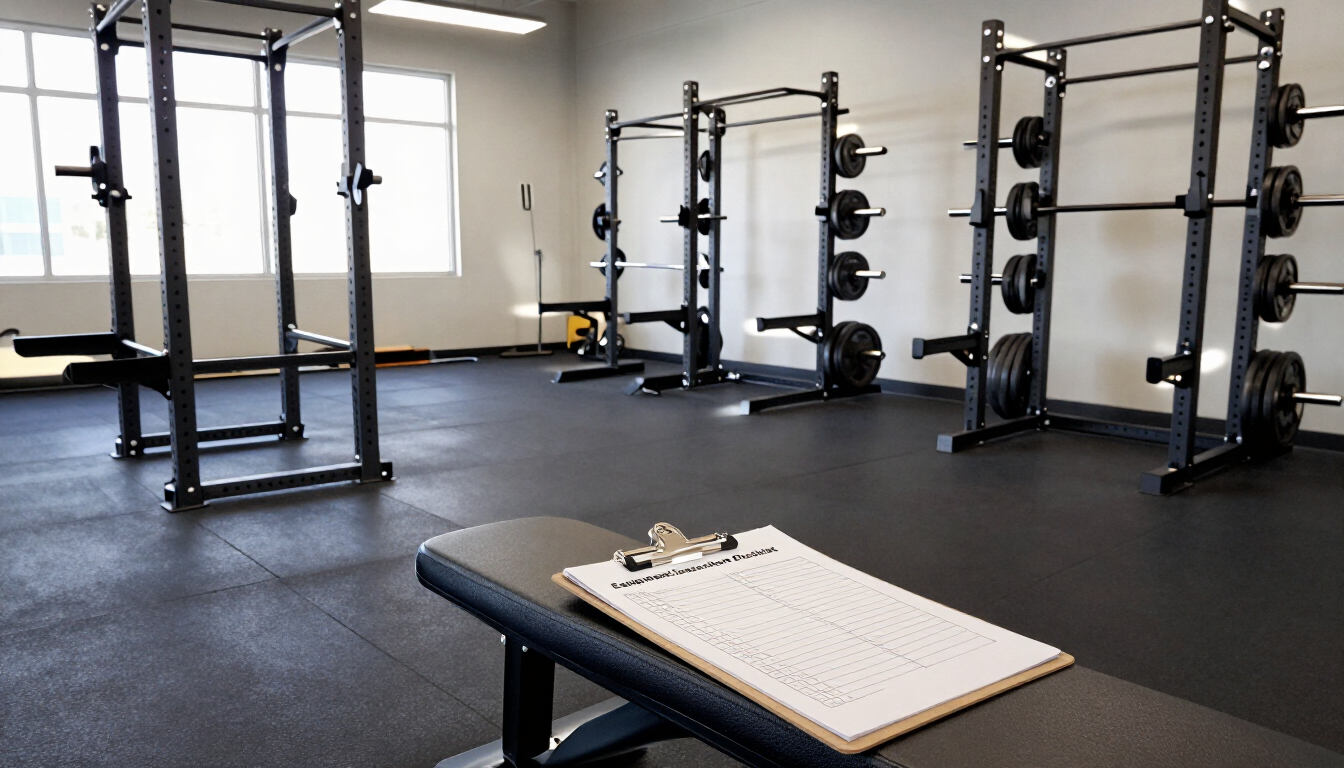 Empty gym with squat racks and a clipboard on a bench in the foreground