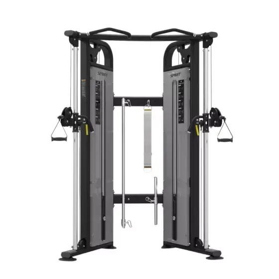 Gray and black dual adjustable pulley machine in a gym setting.