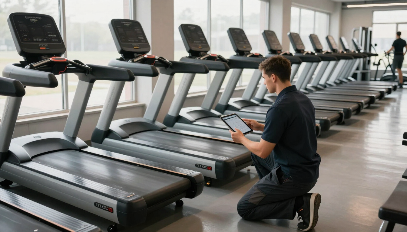 Technician kneeling beside row of treadmills in a bright gym, checking one with a tablet
