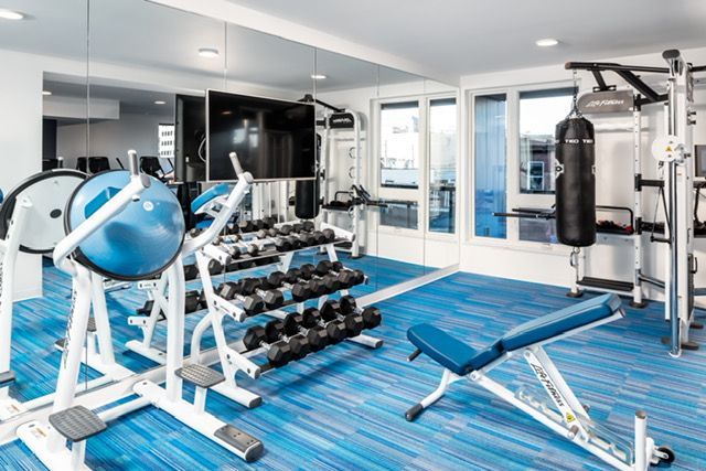 Gym interior with blue floor, weights, exercise equipment, mirror, and television.