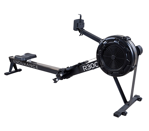 Black Endurance R300C rowing machine, angled view, showing seat, handle, and flywheel.