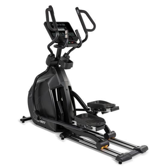Black elliptical machine with handlebars, foot pedals, and a display console.