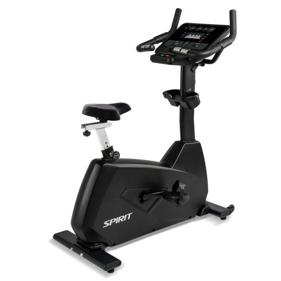 Black Spirit upright exercise bike with digital display and adjustable seat.