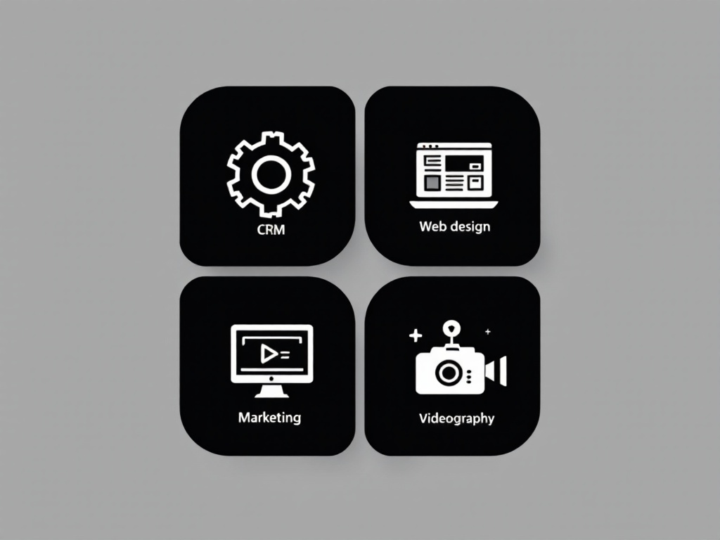 A set of four black and white icons on a gray background.