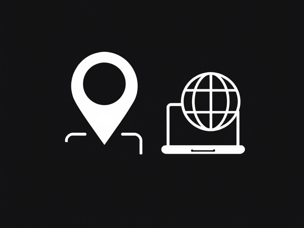 A map pin and a laptop with a globe on it on a black background.