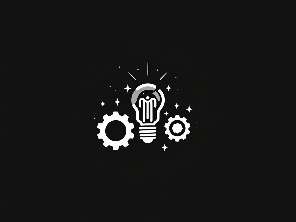 A light bulb is surrounded by gears and stars on a black background.