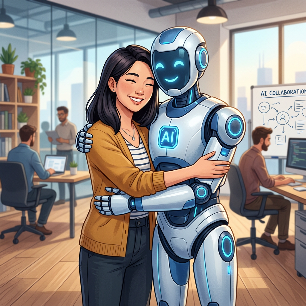 A cartoon of an asian woman hugging an AI bot in an office with 