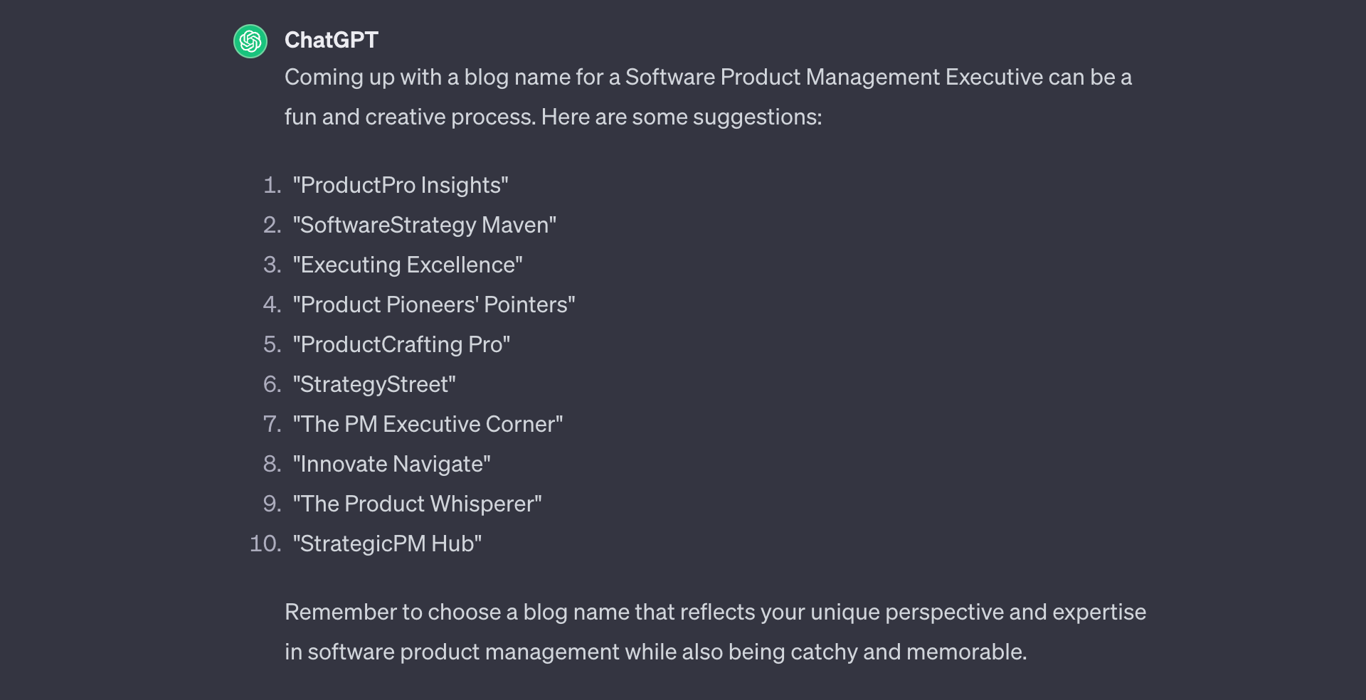 ChatGPT conversation showing potential blog names for a software product management executive.