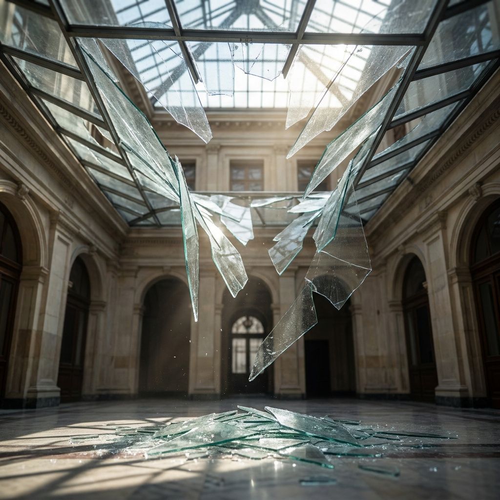 A broken glass ceiling with jagged edges