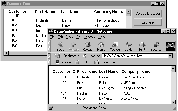 A black and white picture of a PowerBuilder application with a Netscape logo.