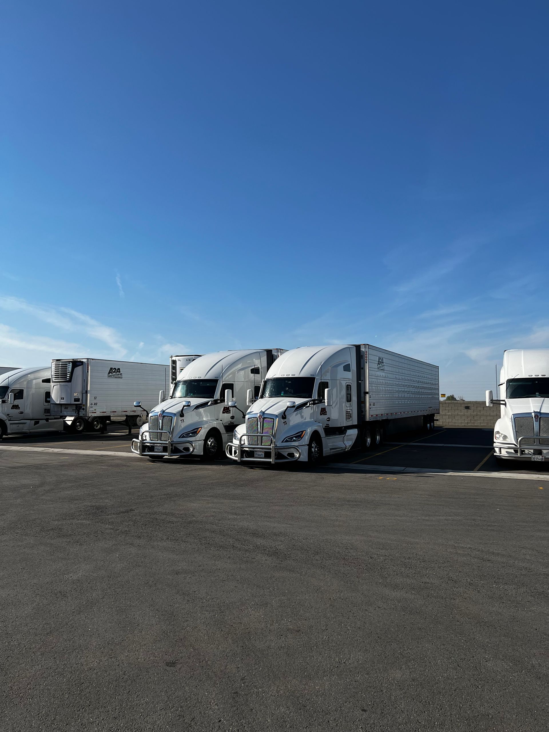a row of white semi-trucks are parked in a parking lot.