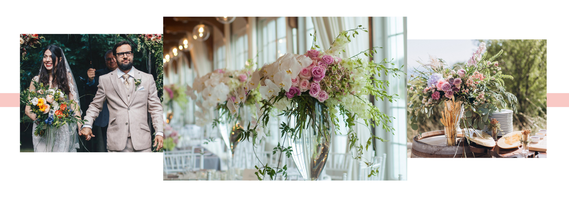 Wedding floral arrangements in a bright indoor venue with pink and white flowers and greenery