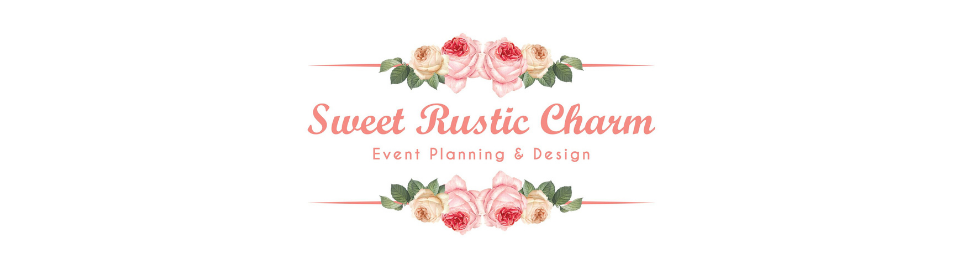 Logo for Sweet Rustic Charm with pink floral decorations and cursive text on a white background