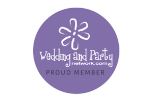Purple circular “Wedding and Party Network.org” proud member logo with white flower icon