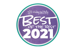 Purple circular “Best of the Best 2021” award badge with teal border and white text