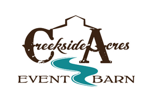 Creekside Acres Event Barn logo with brown lettering and teal river graphic