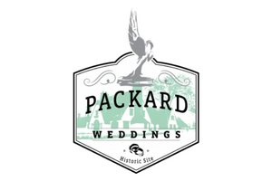 Packard Weddings logo with swan silhouette and pale green floral accents on a white background