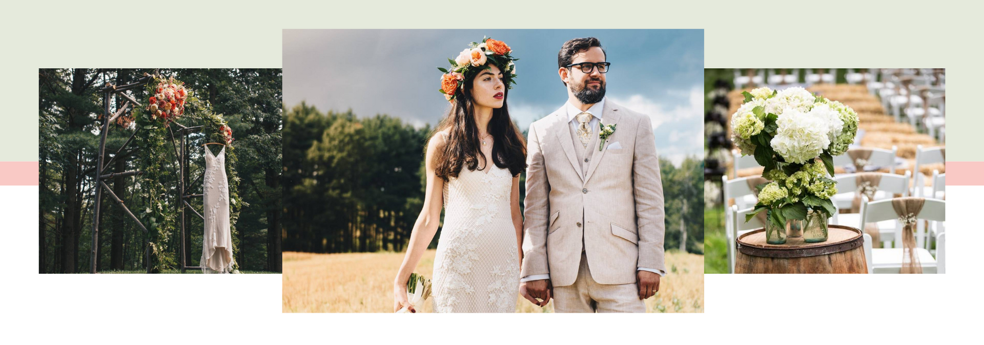 Wedding collage with a bride and groom outdoors, floral arch, and bouquet details
