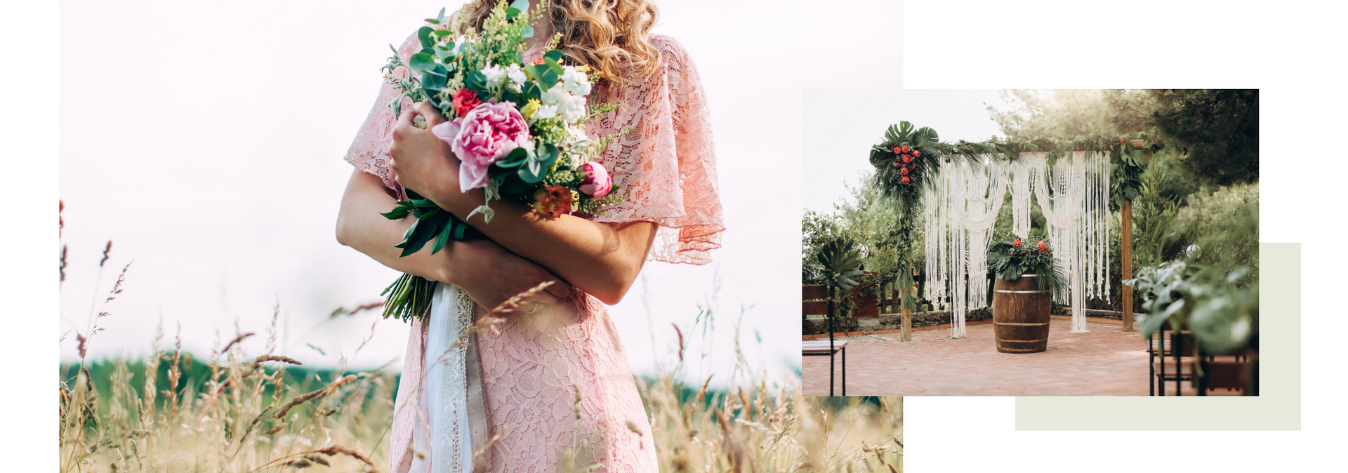 Bride holding a colorful bouquet in a garden with a rustic floral arch and soft greenery