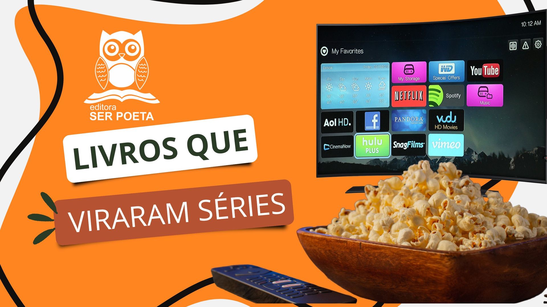 Uma tigela de pipoca ao lado de uma tv que diz livros que viraram series