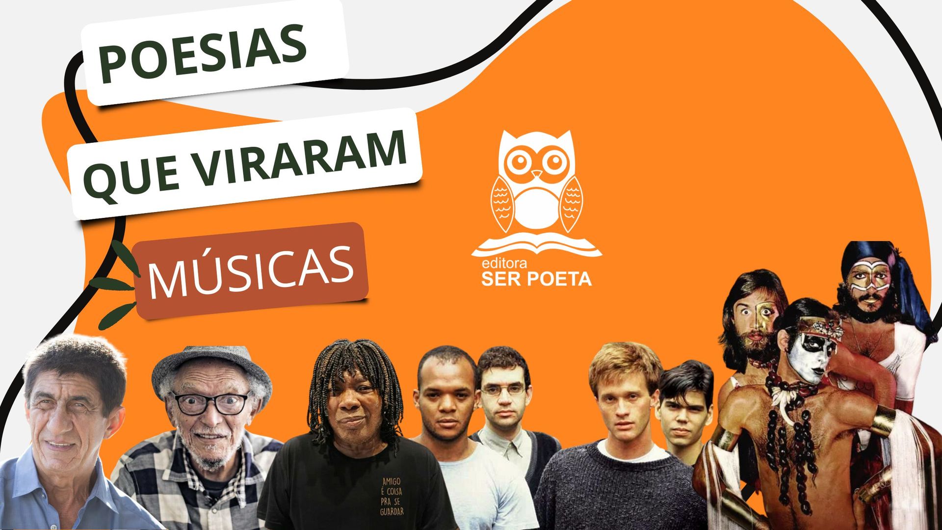 Um grupo de pessoas está de pé, uma ao lado da outra, em um fundo laranja.