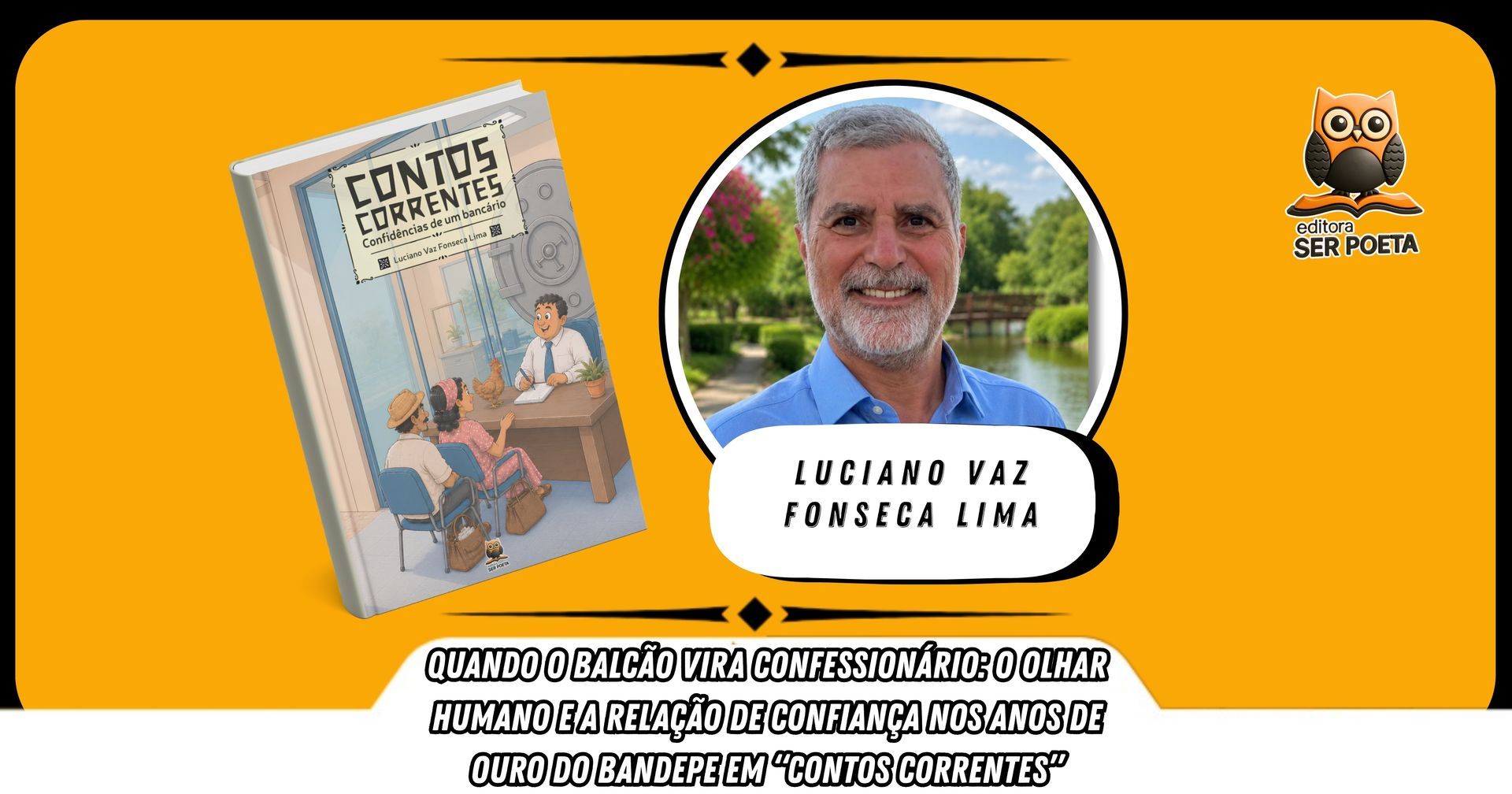 Orange event poster with a man’s portrait, book cover, and Portuguese text for a local talk