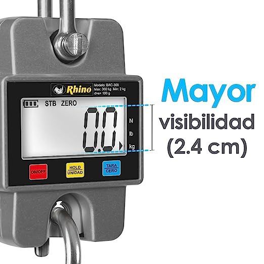 Bascula Colgante RHINO CAP. 300 kg / 100 g, pantalla LCD de 35mm Construida en acero.