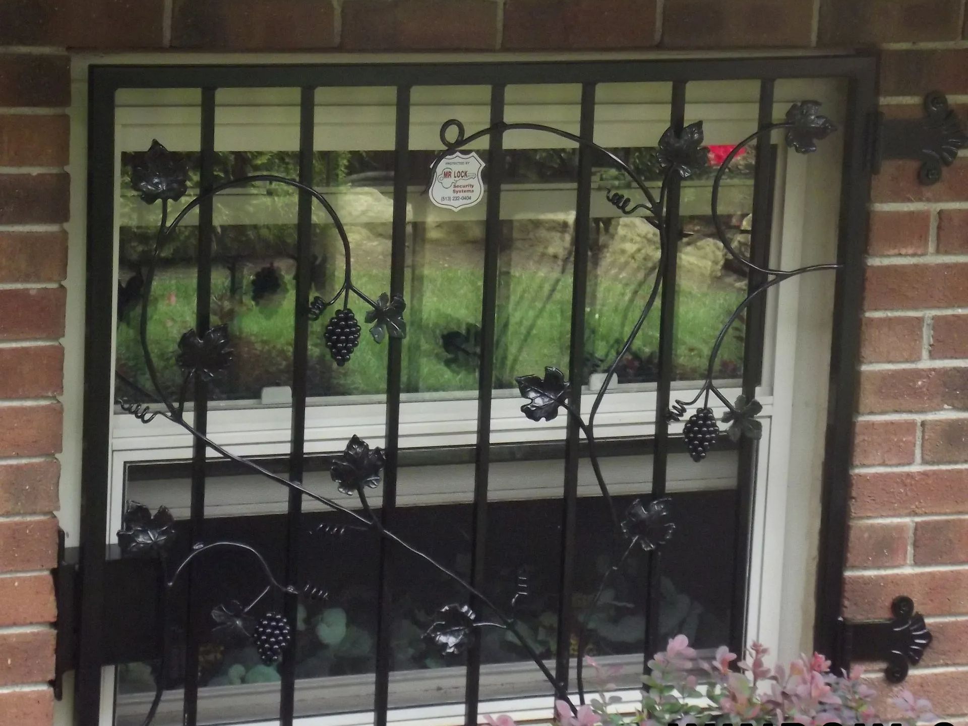 Black wrought iron window security bars with grape vine design.