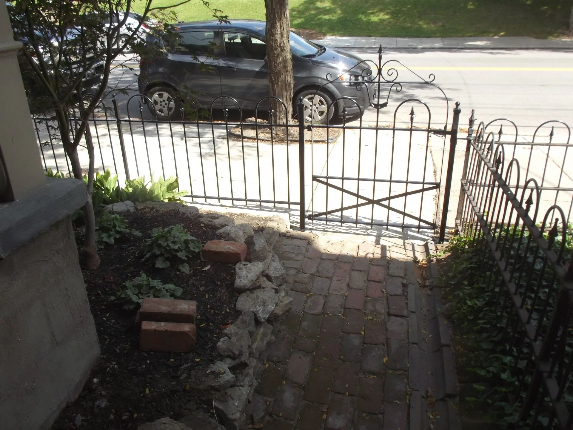 A black car parked next to a tree, behind a black wrought iron fence and gate, along a brick path.