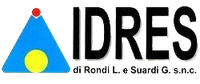 Logo IDRES con triangolo blu, punto rosso, cerchio giallo e testo nero &ldquo;IDRES di Rondi L. e Suardi G. snc&rdquo;
