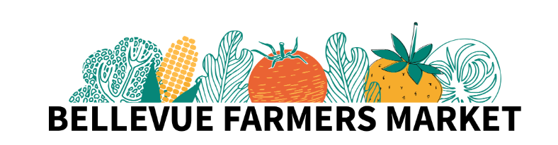 A logo for bellevue farmers market with vegetables on it