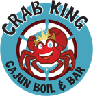 Crab King Cajun Boil & Bar logo with smiling crowned red crab on blue circle background