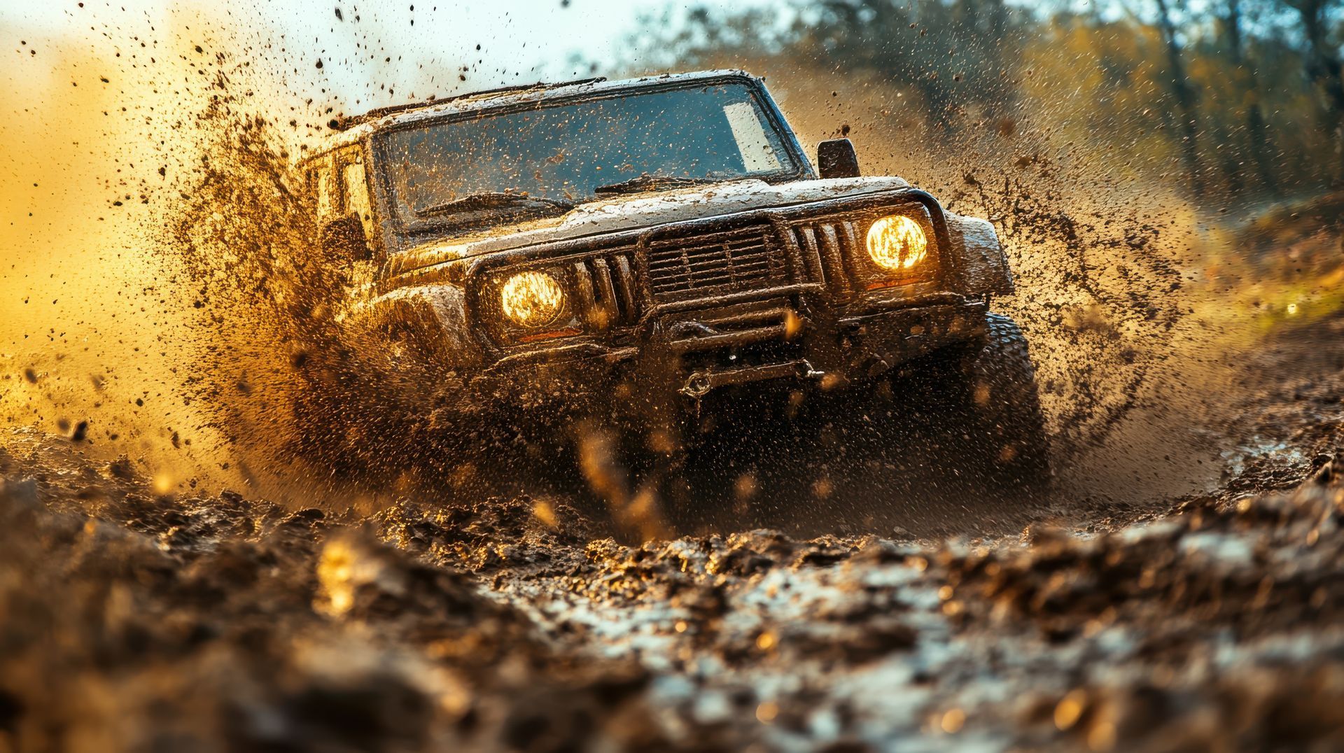 Jeep splashing through muddy terrain with headlights on during an off-road drive