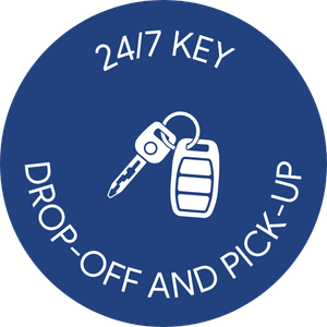 Blue circle with a white icon of a key and key fob labeled, 24/7 KEY DROP-OFF AND PICK-UP