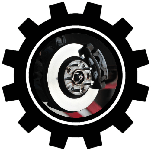 Gear icon framing a close-up of a wheel and brake disc