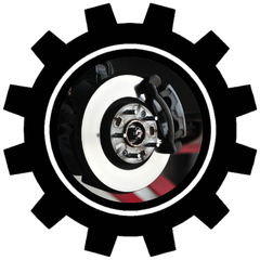 Gear icon framing a close-up of a wheel and brake disc